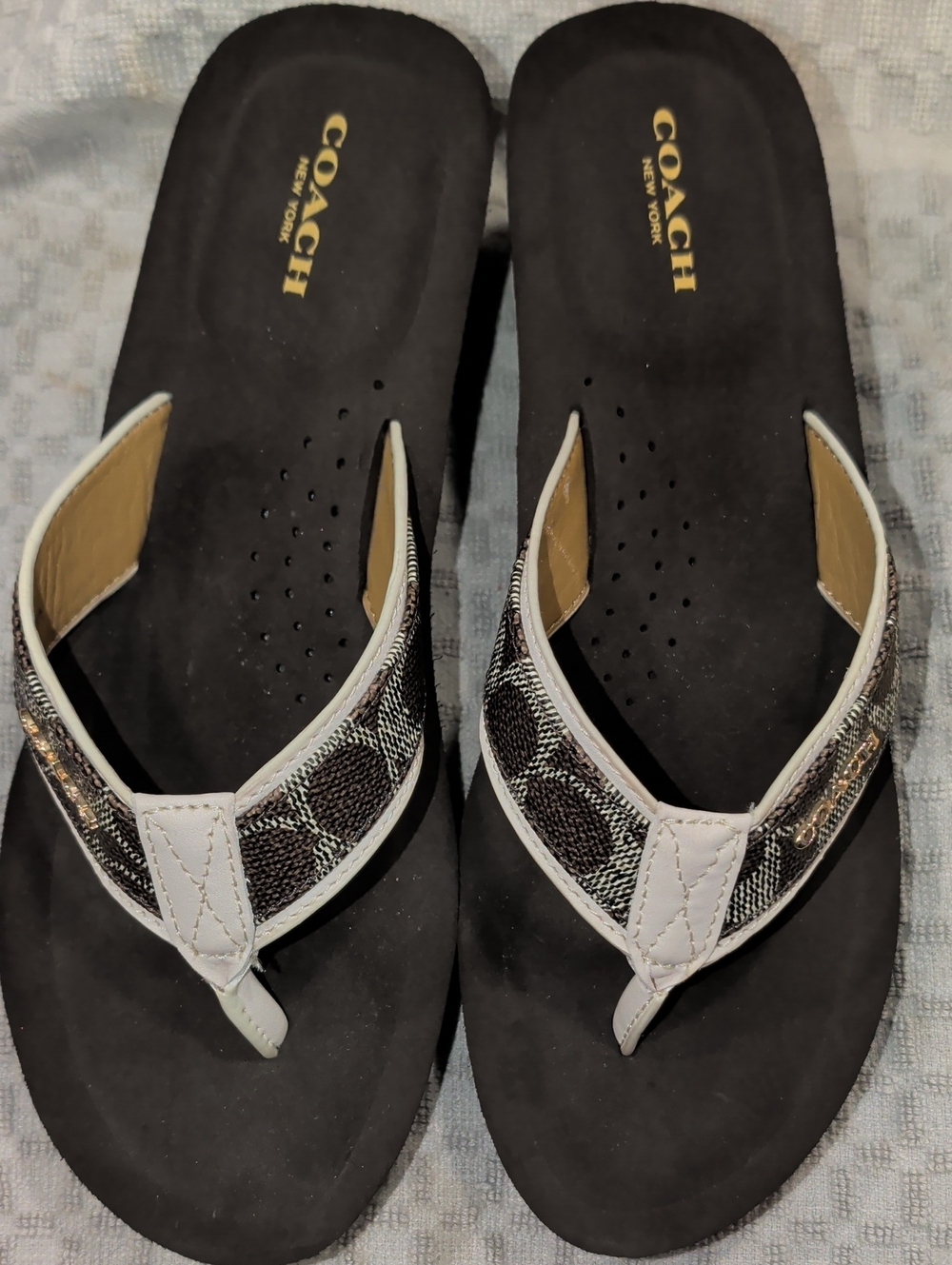Coach Brown Footbed Flip Flop Sandals with Tan-Trim Signature Straps